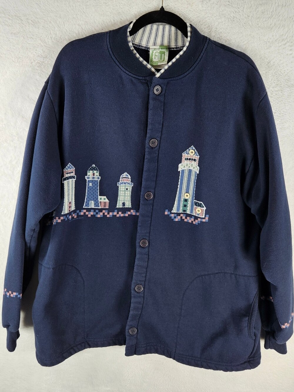 Art Unlimited Button-Front Sweatshirt Jacket Lighthouse Navy Women's Size XL